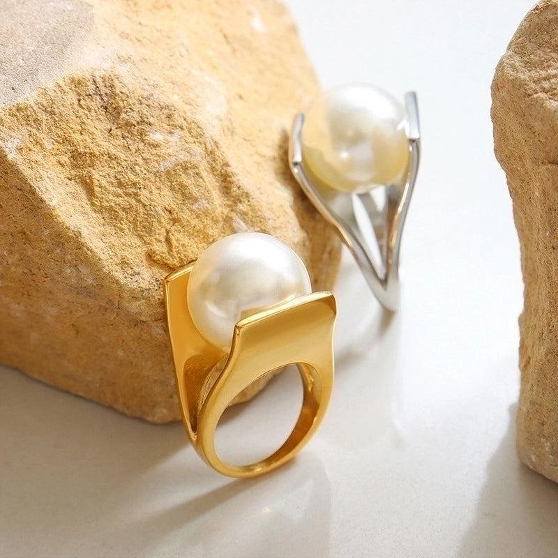 Retro geometric titanium steel artificial pearl ring