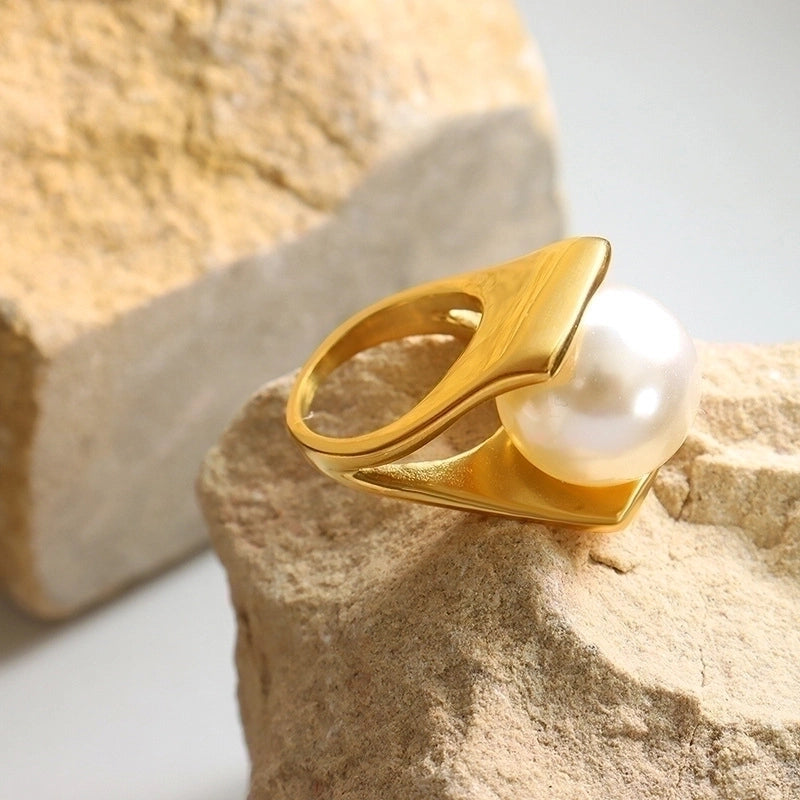 Retro geometric titanium steel artificial pearl ring