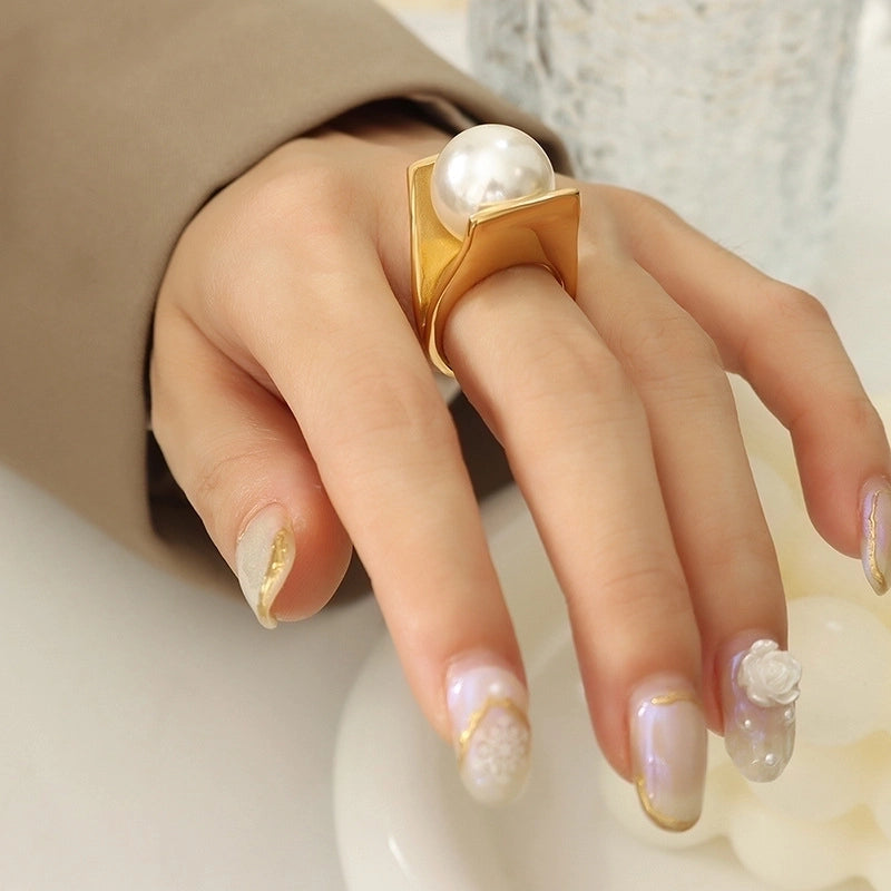 Retro geometric titanium steel artificial pearl ring