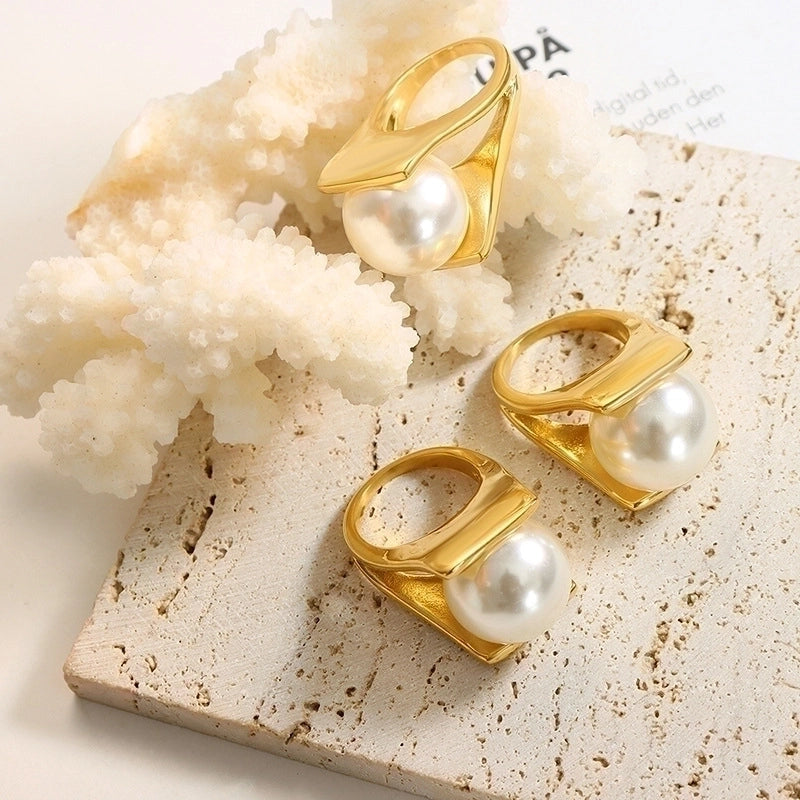 Retro geometric titanium steel artificial pearl ring