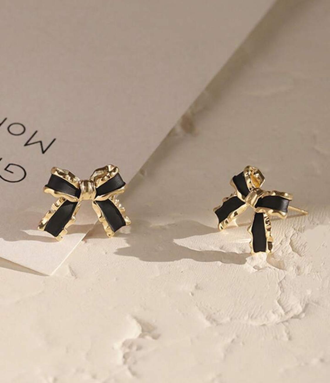Black gold bow earrings