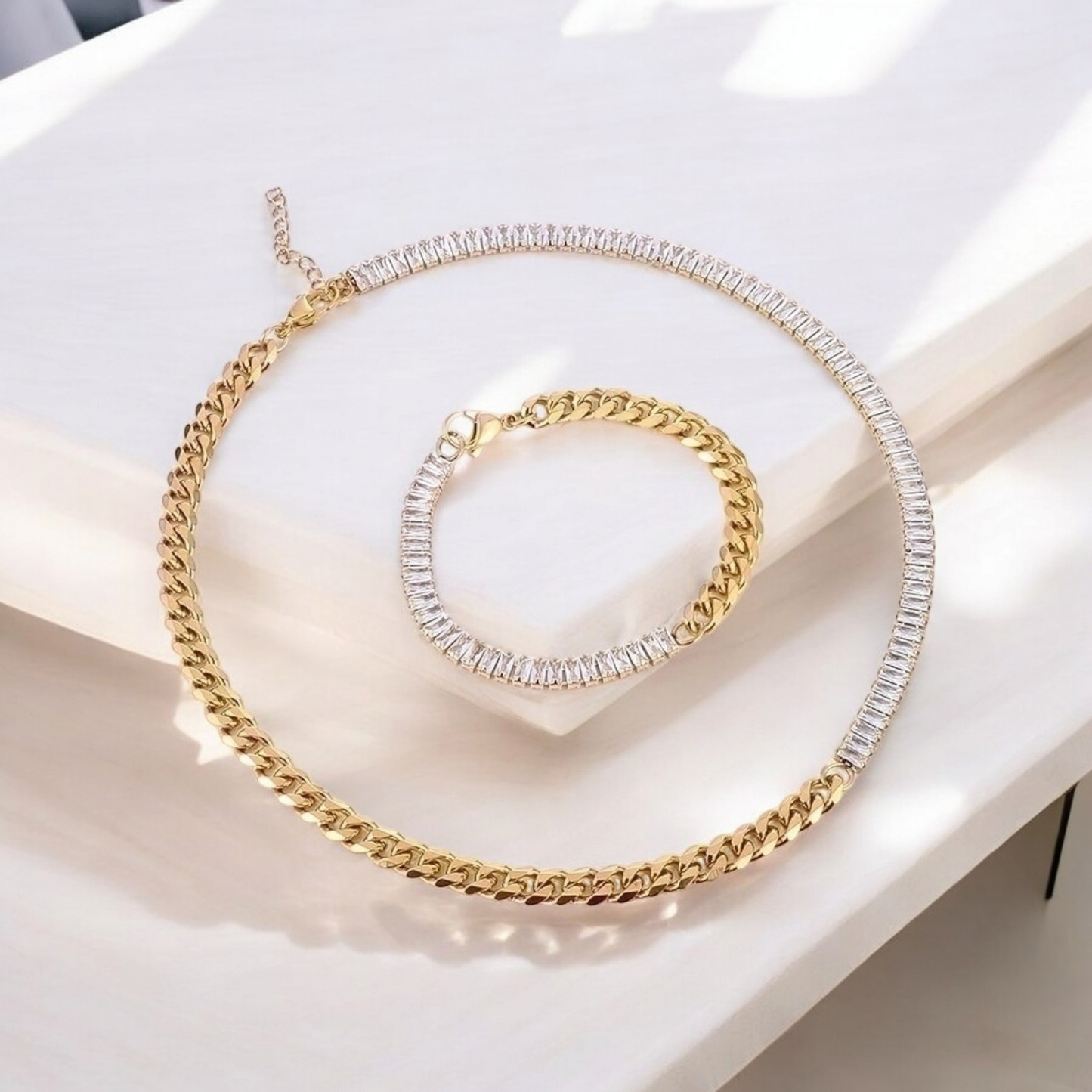 Geometric titanium steel plating 18k zircon set