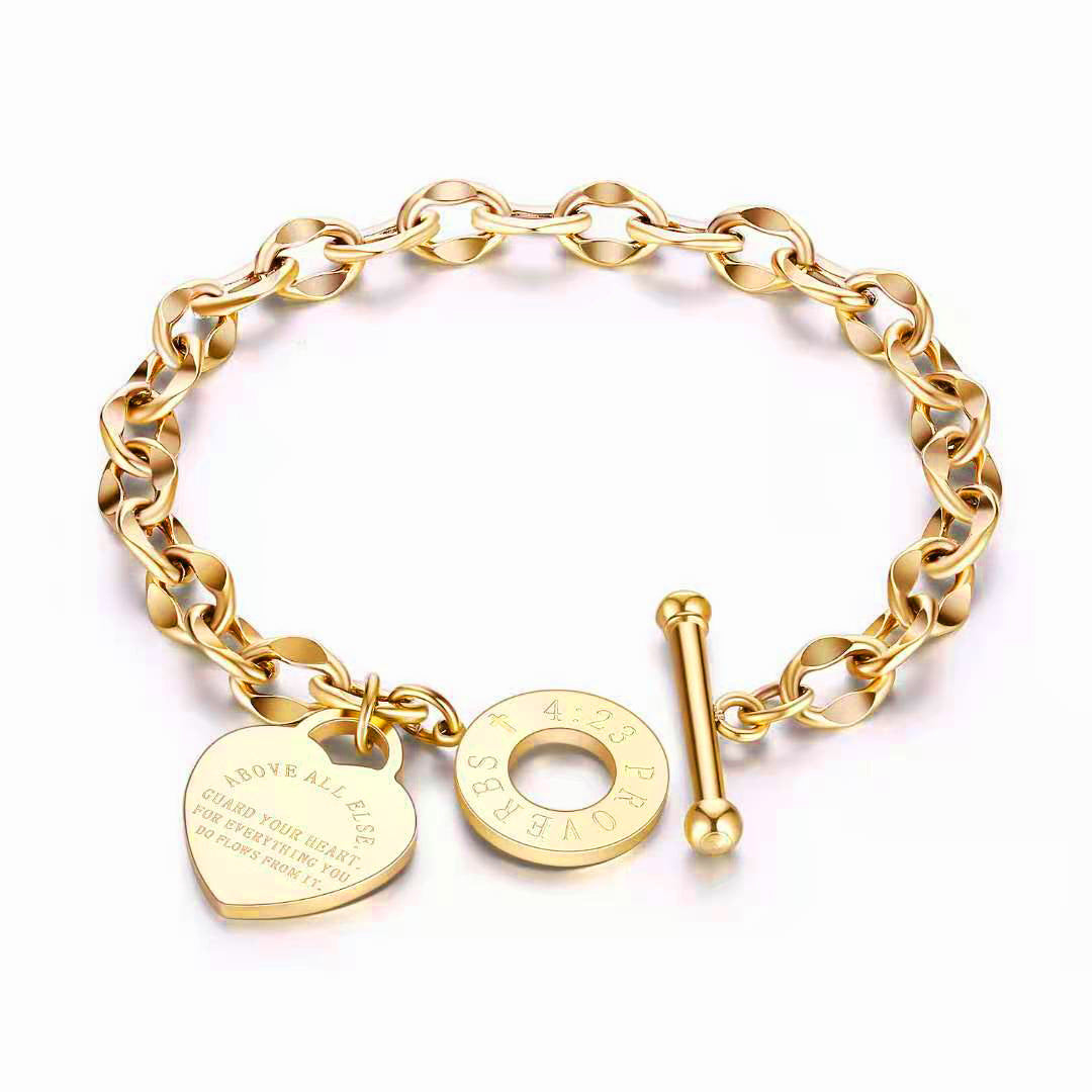 Heart letter rhombus titanium steel 18k gold plated bracelet