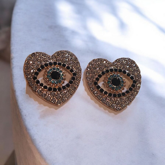 Evil eye heart shape rhinestone earrings